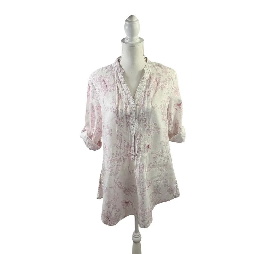 Malvin White Linen Purple Floral Notch Neck 3/4 Roll Tab Sleeve Tunic Top Medium